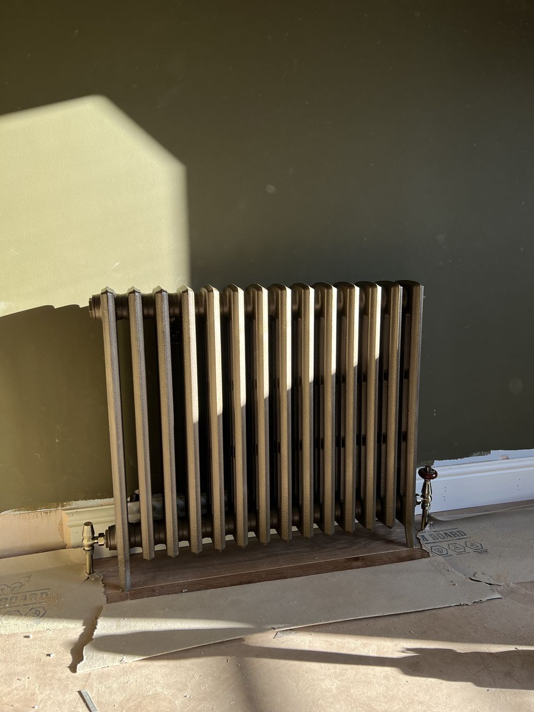 Cast iron radiator with brass valves against a deep olive wall